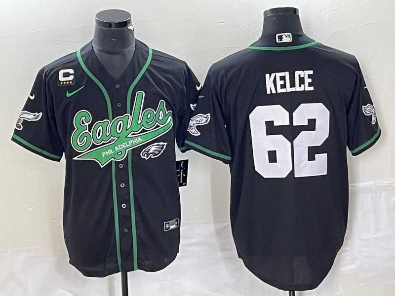 Mens Philadelphia Eagles #62 Jason Kelce Black C Patch Cool Base Stitched Baseball Jersey